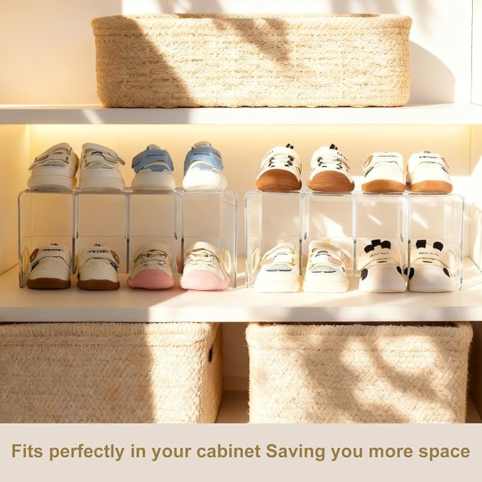 Clear Acrylic Kids Shoe Rack for Closet, Baby Shoe Organizer and Storage, 4 Sections Toddler Shoe Storage Organizer for Closet, Desk File Sorter Book Purse Organizers (2 Pcs)