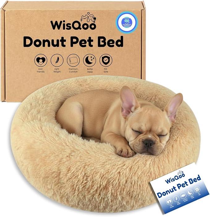 Calming Pet Bed with Water-Resistant Inner Liner – Anti-Anxiety Donut Dog & Cat Bed with Removable Washable Cover – Supportive Plush Nest, Non-Slip & Cushion Protection – Medium, Beige