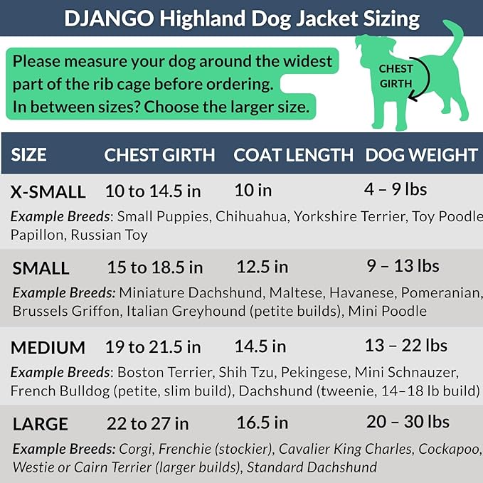 DJANGO Highland Dog Jacket & Raincoat – Water-Repellent, Lined Dog Coat with Hood, Adjustable Fit & Harness Hole – Lightweight Rain & Wind Jacket for Small & Medium Dogs up to 30 lbs (Olive, Small)