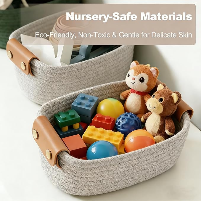 SVNR Brown Storage Baskets Set of 5, Woven Rope Shelf Bins for Organizing - Durable Cube Organizers for Closet, Nursery, Bedroom, Toy Storage with Handles, Modern Home Decor