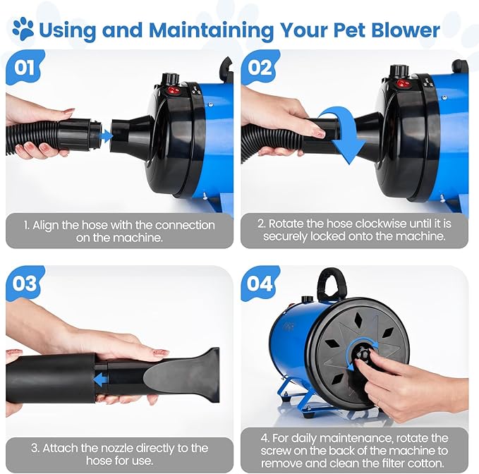 Dog Dryer, 5.2HP/3800W High Velocity Dog Hair Dryer with 4 Nozzles, Stepless Adjustable Speed & Temperature Control, Low Noise Professional Grooming Dryer (Blue)