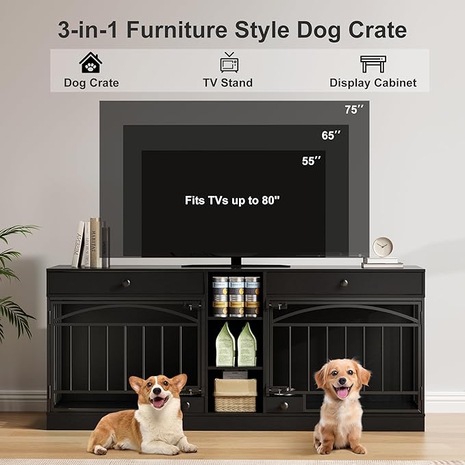 GarveeHome Dog Crate Furniture for 2 Dogs, Dog Kennel Indoor with Storage and Feeding Bowls, Double Dog Crate TV Stand for Small Medium Dogs, Black