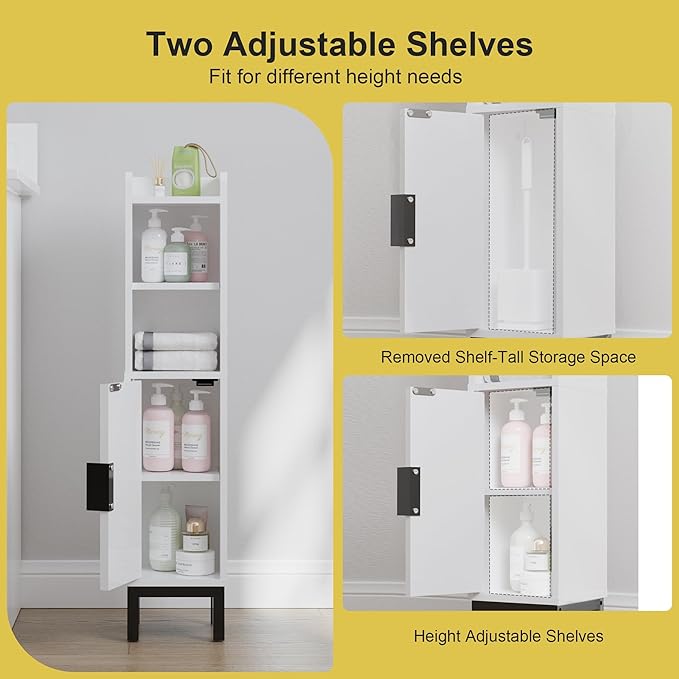 Small Bathroom Storage Cabinet, Narrow Corner Floor Cabinet with Door and Shelves for Toilet Paper, Bathroom Organizer with Adjustable Shelf, for Small Spaces (White)