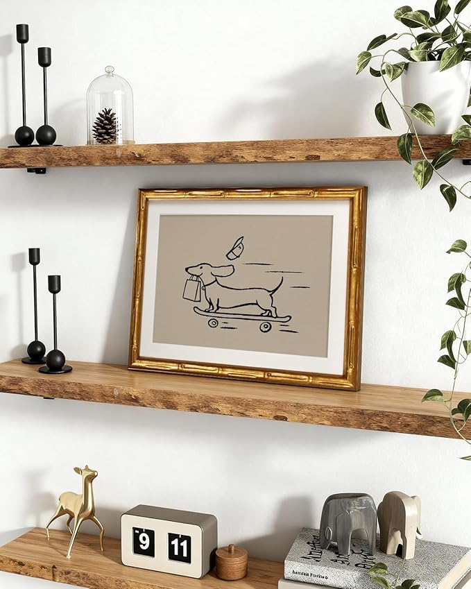 Cute Skateboarding Dog Gold Framed Canvas Wall Art 11x14, Modern Minimalist Courier Dachshund Line Drawing Animal Print, Playful Pet Artwork Living Room Bedroom Kids Room Office Gift Home Decor