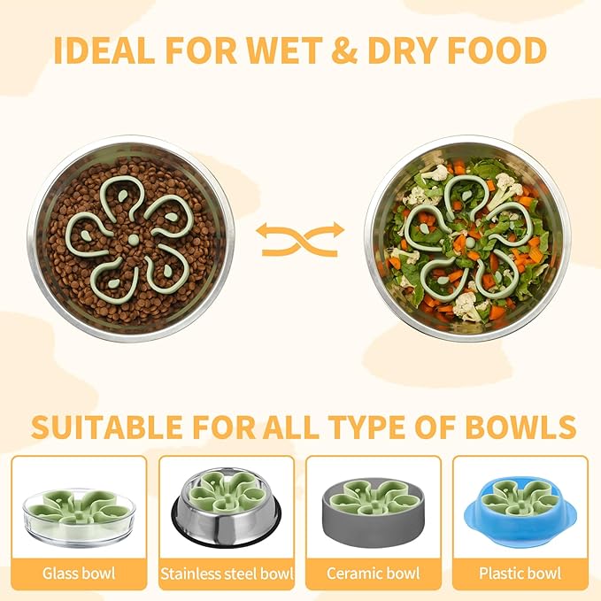 Slow Feeder Dog Bowls Insert, Bestalk Soft Silicone Slow Eating Dog Bowl Insert with Suction Cups for Small, Medium and Large Dogs(Green S)