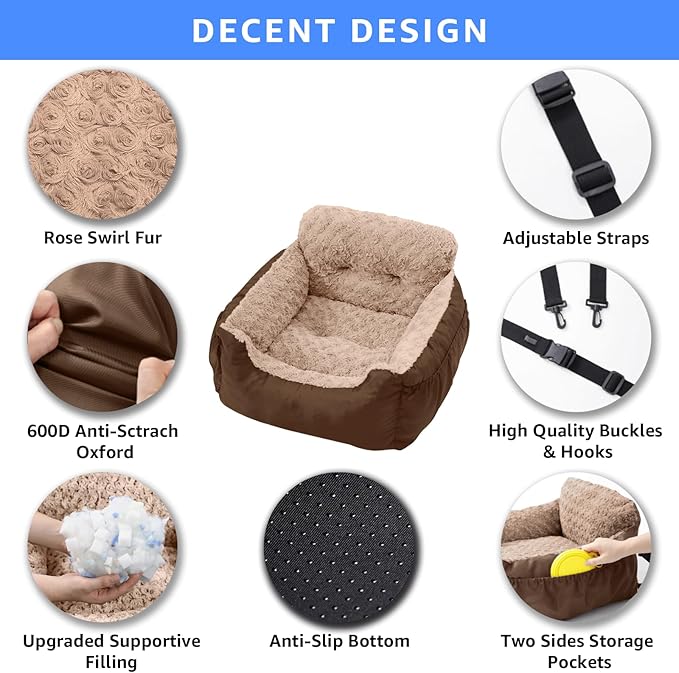Dog Car Seat for Small Dogs,Washable Pet Booster Car Seats with Clip-On Safty Leash, Comfy Deluxe Plush Carseat with Storage Pockets, Puppy Car Travel Carrier Bed for Dogs Under 25 lbs, Brown