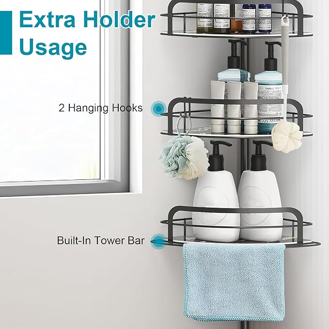 Corner Shower Caddy Tension Pole, Upgraded Adjustable Corner Shower Caddy Organizer with Hooks, 4-Tier Shelf Inside Shower Bathtub Organizers & Storage, Thickend Rustproof Steel, 33 to 116 Inch Height
