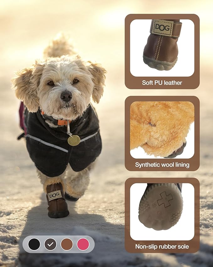 Winter Dog Boots & Paw Protectors: Outdoor Anti-Slip Dog Snow Shoes, Dog Booties Provide Warmth to Dogs Paws from Ice and Snow, Rubber Sole PU Leather Faux Fleece-Lined, Dark Brown Dog Shoes Size 8