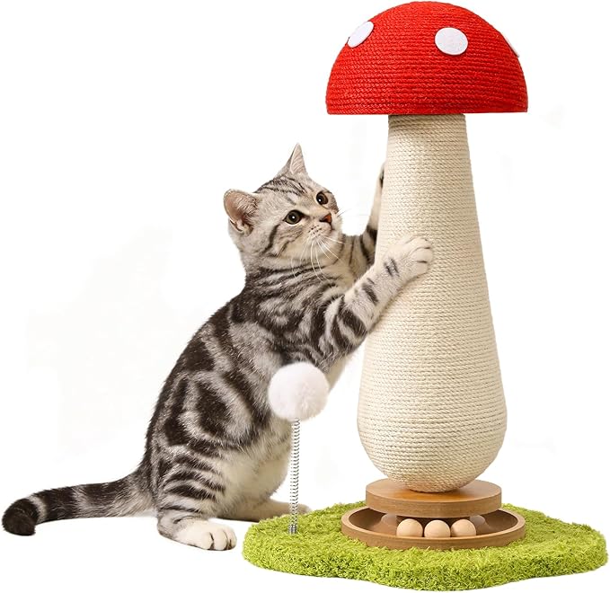 Cat Scratching Post for Indoor Cats,Cat Toys Scratcher Sisal Cat Scratch Posts for Kittens Adults with Interactive Track Ball & Spring Toy