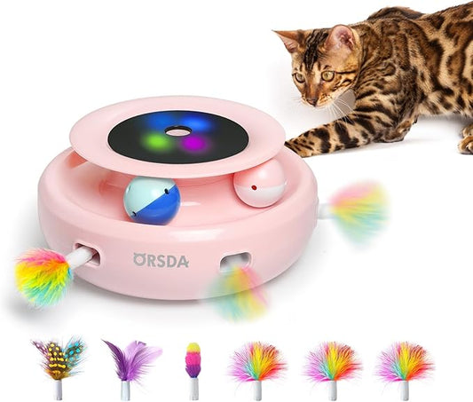 ORSDA Cat Toys 2-in-1 Interactive Cat Toys for Indoor Cats, Automatic Cat Toy Balls, Ambush Feather Kitten Toys with 6pcs Attachments, Dual Power Supplies, Auto On/Off (Upgraded Version)