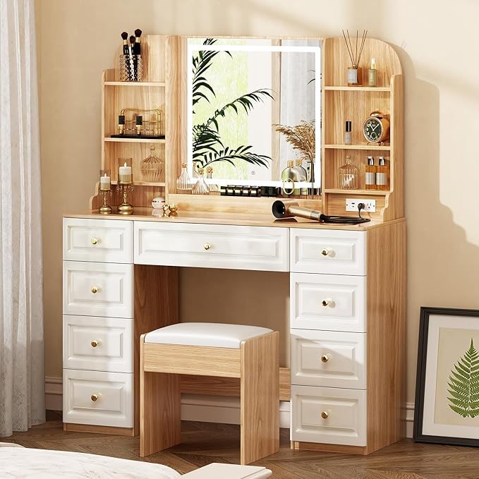 43" Makeup Vanity Desk with Mirror and Lights, & Power Outl, Glass Top Big Vanity Table with 9 Drawers& 8 Storage Shelves, Dressing Table Set with Chair for Bedroom, White+Oak