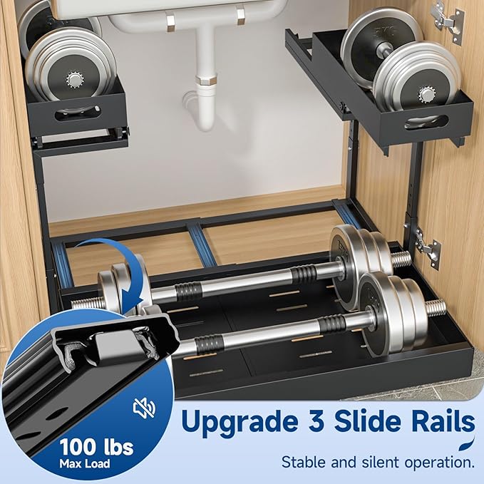 Insputer 2 Pack Under Sink Organizer Expandable Width 9.8"-15" & 2 Tier Under Sink Organizer with 3 Slide Rails, Under Cabinet Storage Expandable 15"-25"