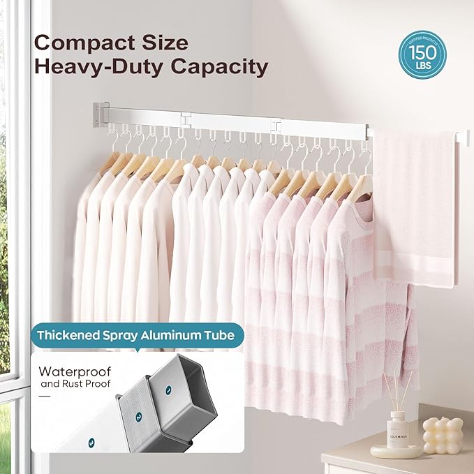 JAUREE Wall Mounted Clothes Drying Rack, Foldable & Collapsible Laundry Drying Rack, Space Saving Tri-Fold Retractable Dryer with 18 Hooks for Indoor & Outdoor, White