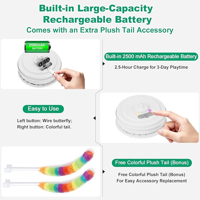 Interactive Hide and Seek Cat Toy with Green Cover + 3 Plush Tail Wand Replacements