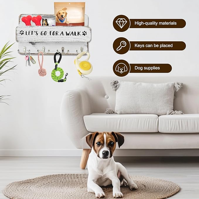 Wood Dog Leash Holder for Wall, Key Hangers with 4 Double Key Hooks, Dog Leash Hanger Wall Mounted for Entryway, Farmhouse Treats,30cm,White