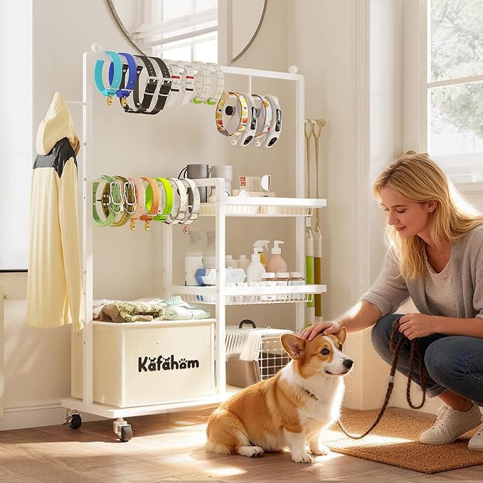 KAFAHOM Dog Toy Basket, Basket For Dog Toys Living Room, The Stuff For Dogs, Cat Toy Box, Dog Toy Bin, Toy Chest Storage, All-in-One Pet Supplies Organizer with Leash Hanging Rail and Locking Casters