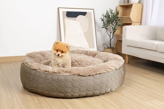 HACHIKITTY Dog Bed, Orthopedic, Round, X-Large, Taupe (30x24x16in), for Medium Large Dogs & Cats, Cooling Warming, Polyester, Hypoallergenic