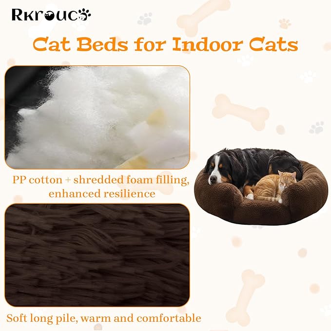 Fluffy Dog Bed Calming Donut Beds for Large Dogs Warming Round Small Medium Pet Nest Cozy Cat Mattress Indoor Washable Puppy Kennel Kittens Sleep Mat (S, 23.6×23.6 inch, Brown)