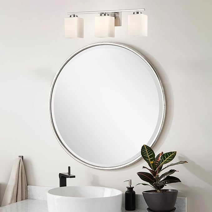 Edvivi Bathroom Light Fixtures, 3-Light Modern Brushed Nickel Vanity Light Over Mirror, Wall Sconces with Square White Glass Shades for Living Room, Bedroom, Hallway, E26 Base