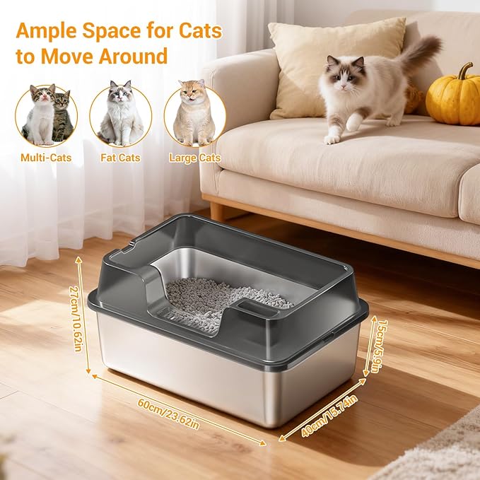 Enclosed Stainless Steel Cat Litter Box with Lid, XL Extra Large Litter Box for Big Cats, Metal Litter Pan High Sided, Never Absorbs Odors, Anti-Urine Leakage, Easy Cleaning, Include Scoop