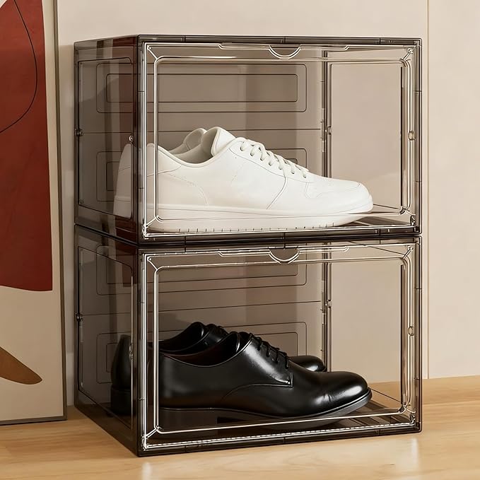 KUILONG 6-Pack Stackable Shoe Boxes with Magnetic Closure, Transparent Gray Shoe Organizer and Storage Container for Sneaker Display(Gray, XL-6PCS)