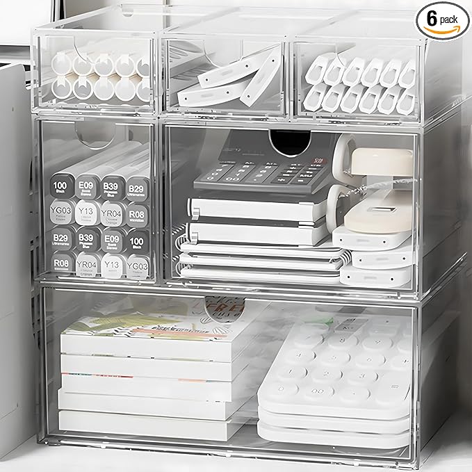 Desk Organizers, Makeup Organizer Storage, Desktop Office Supplies, Clear Desk Accessories, Dustproof Drawer Organizer and Storage for Make Up, Jewelry, Pen, Desktop Stationary (6 Drawers)