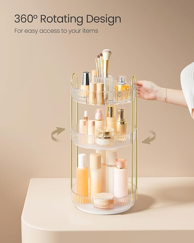 SONGMICS Makeup Organizer, 3-Tier Round Rotating Skincare Organizer Countertop, Customizable, Toiletries Vanity Organizer, Lazy Susan, Gift, Transparent UJKA011W02