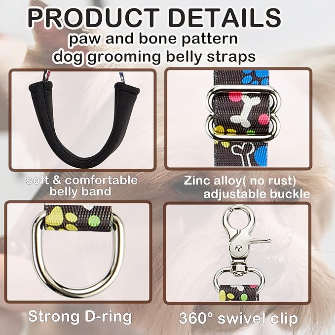 Dog Grooming Belly Straps – Adjustable Grooming Loops with Cute Paw & Bone Pattern Pet Grooming Belly Support Band Table Accessories for Small Medium Large Dogs(Pink)