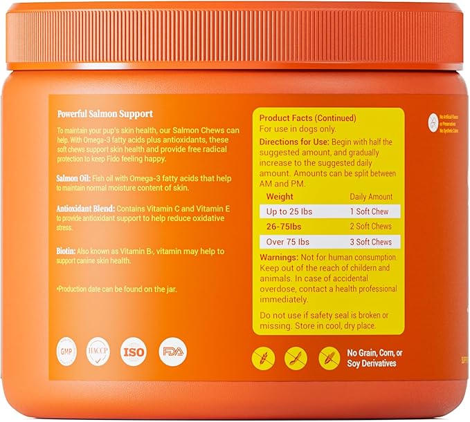 Salmon Oil for Dogs Skin and Coat, Omega 3 Fish Oil Chews, Dog Allergy Relief Chews, Itch Relief Supplement, 120 Count, Salmon Flavor