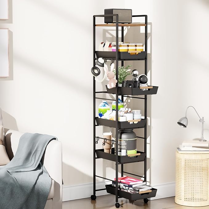 6 Tier Storage Cart with Pull-Out Baskets Rolling Storage Cart with Wheels Wood Top Organizer Rolling Utility Cart for Pantry Laundry Room Bathroom Kitchen Black 14.5”D x 13”W x 64.1”H