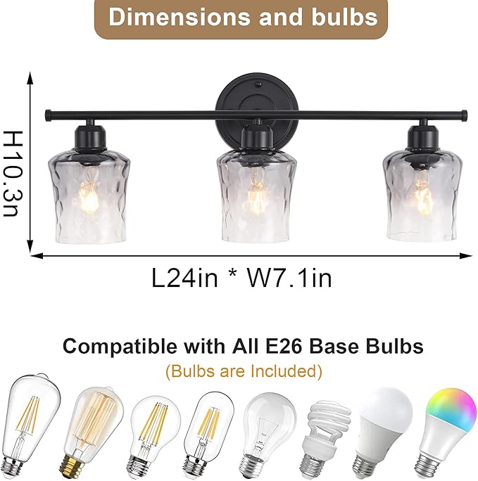 3-Light Bathroom Light Fixtures, Matte Black Vanity Light with Grey Glass Shade, Modern E26 Bathroom Wall Light for Over Mirror, Kitchen, Hallway, Cabinet, Porch, Bedroom
