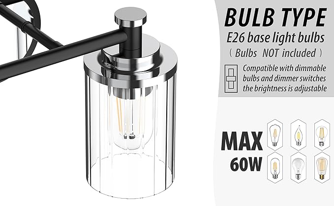Bathroom Lighting Fixtures Black and Chrome Bathroom Vanity Light with Cylindrical Clear Stripes Glass Lampshade E26 Socket Base Bathroom Lighting Fixtures Over Mirror (3 Lights)