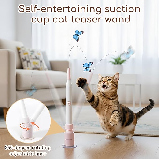 Rechargeable Automatic Cat Toy with Suction Cup, Interactive Cat Toys for Indoor Cats, Butterfly Teaser Wand for Bored Kittens, Self Play Exercise Toy with Flexible Wire (Blue)
