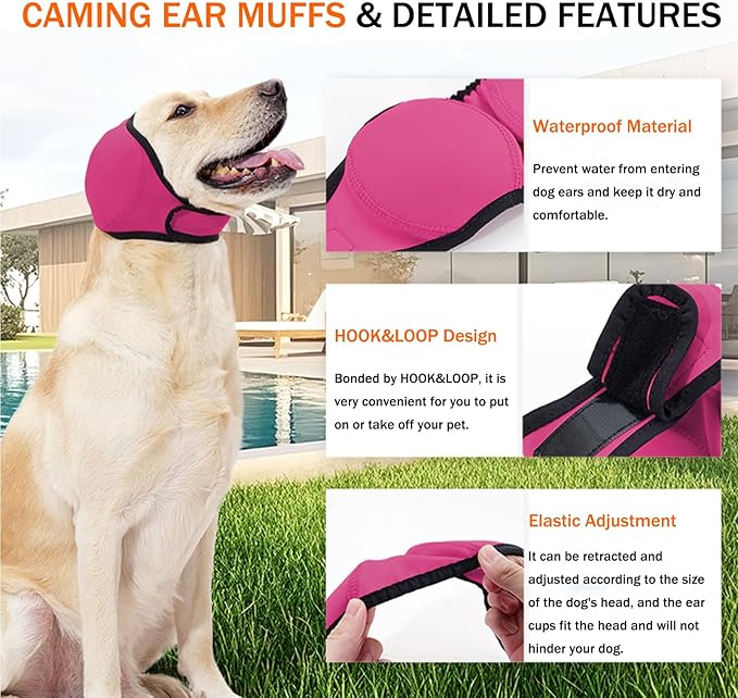 BAMY Swimming Waterproof Dog Ear Caps, Calming Large Dog Ears Cover, Pet Shower Muffs for Ear Protection for Bath for Grooming (Pink, S (Head Circumference 10"-15"))