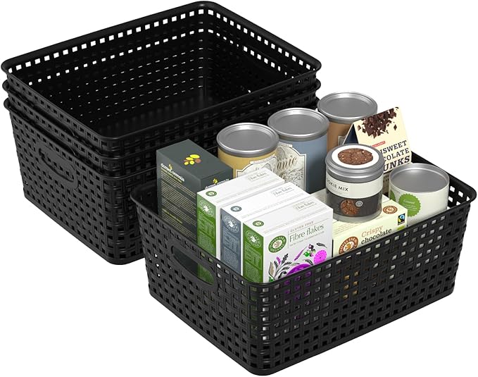 4 Packs Woven Plastic Storage Baskets, Plastic Basets Medium, Black