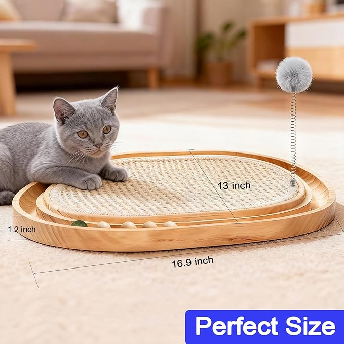 Natural Sisal Cat Scratcher Pad Wooden Interactive cat Toy with Ball Track Springs Ball for Chasing Hunting Physical Exercise Kitten Toys Cat Scratching Mat for Indoor Cats Furniture Protection