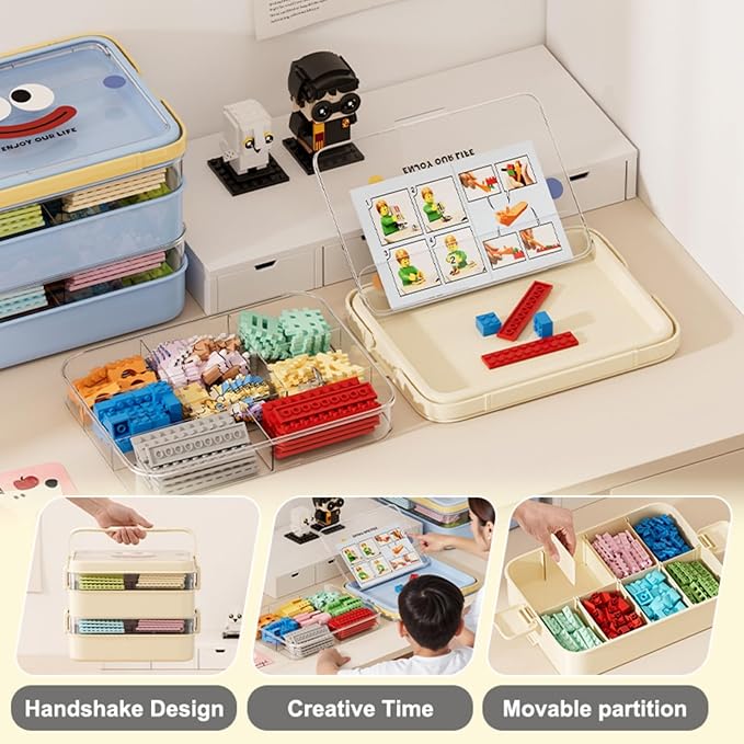Plastic Storage Organizer for Lego Box Kids Child Toy Stackable Containers with Lids Bins 3 Layers Adjustable Compartments Building Blocks Chest Case (White, Medium 3 Tiers) (Blue)