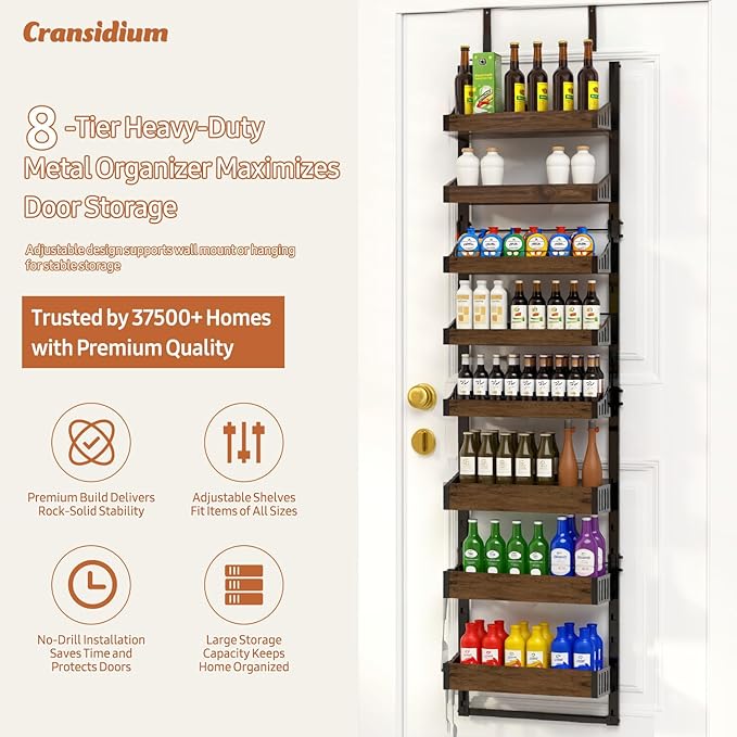 Over the Door Pantry Organizer: Storage and Pantry Organization with Hanging Basket - 8-Tier Metal Spice Rack Adjustable Shelves for Kitchen Laundry Room Bedroom & Bathroom Black