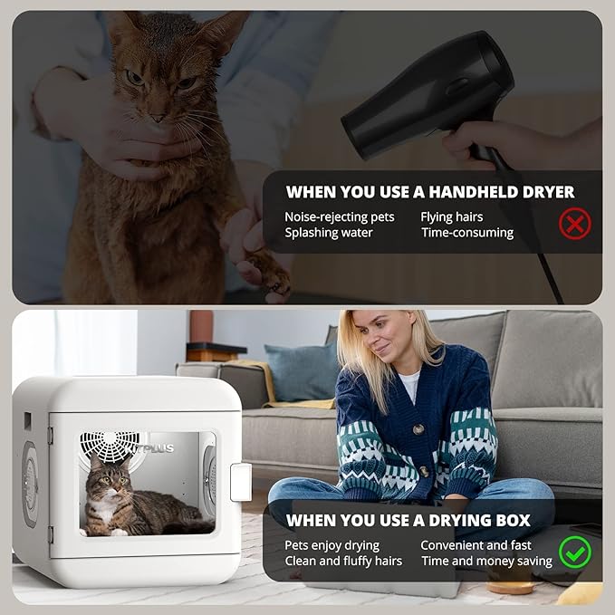Simple Deluxe 60L Automatic Pet Dryer Box, 40dB Low Noise 360°Circulating Air Dryer for Cats and Small Dogs, Professional Fast Drying Blower with Smart Control Panel