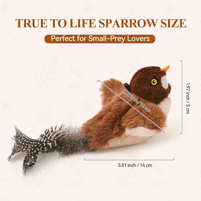 Small Flappy Bird Cat Toy, Interactive Flapping Chirping Wings (No Flying) Cat Toy, Simulated Sparrow Catnip Toy for Indoor Cats and Kittens, Sound on/Off Switchable, 5.51×4.72×1.97 Inches