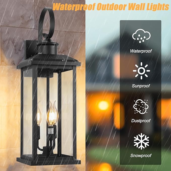 Large Outdoor Wall Light Fixture: 24in Black 3-Light Modern Porch Lantern, Waterproof Exterior Lighting Sconce Wall Mount, Outside Lamp for House Garage E12 Base
