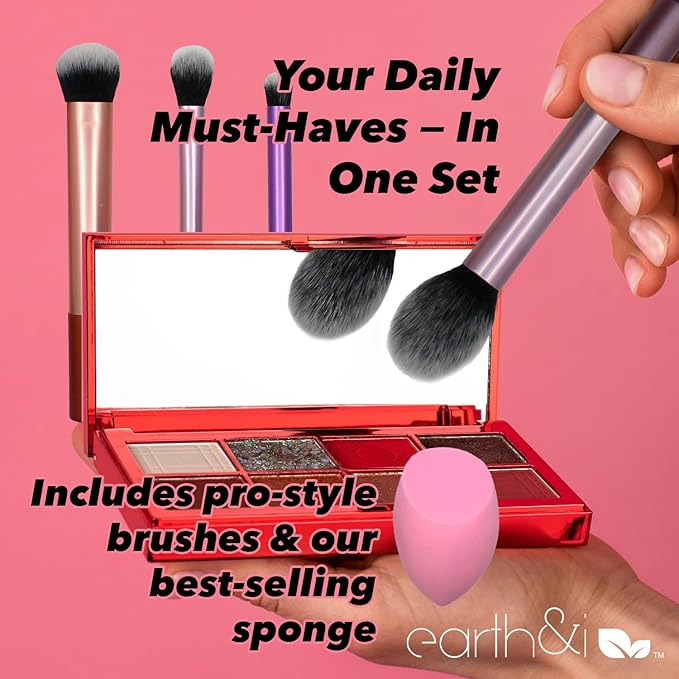 Earth & I Complexion Perfection 5-Piece Set – 3 Pro Face Brushes + 1 Master Eye Blender + 1 Chiseled Sculpting Sponge – Metallic Sateen Pink & Rose Gold – Professional Airbrush Base Kit