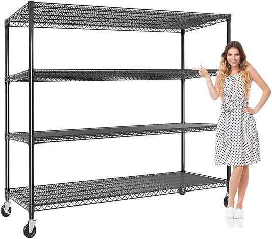 59" W Storage Shelves 2640LBS Heavy Duty Garage Shelving Units with Wheels and Adjustable Shelf, 4-Tiers Wire Shelving Rack for Garage Pantry Kitchen Warehouse Industrial