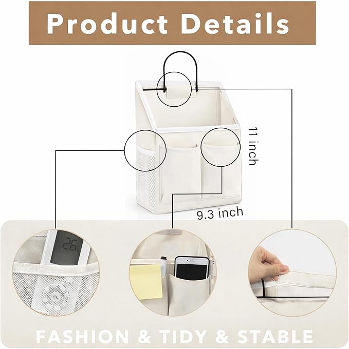 2pcs Wall Hanging Organizer Bag, Linen Fabric Door Hanging Storage Basket with Pockets, Waterproof Bin for Kitchen, Bedroom, Office, RV Camper (White-Upgraded)