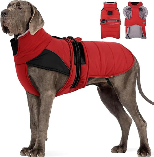 MIGOHI Thermal Large Dog Fleece Jacket - Rainproof Coat for Large Dogs, Thick Dog Winter Coat,Snow Jacket for Dogs Windproof for Hunting Camping,Windy Chilly Days,Doberman,Great Dane,3XL,RedBlack