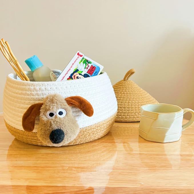 Bellar Small Rope Basket With Lid Woven Storage Box Cute Animal Dog Toy Box Organizers Cotton Rope Basket for Kids Small Snack Storage Area Decorative Boxes Aesthetic-8.6''*8.6''-Brown*White