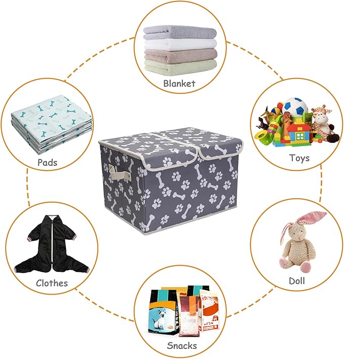 Geyecete Large Storage Boxes - Large Linen Fabric Foldable Storage Cubes Bin Box Containers with Lid and Handles for Dog Apparel(Bone claw)