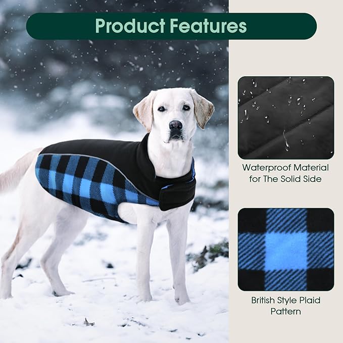 Kuoser Dog Winter Coat, Reversible Waterproof Dog Jacket with Reflective Strip, Warm Dogs Fleece Vest Adjustable Doggy Cold Weather Clothes Plaid Christmas Outfit Pet Apparel for Large Dogs, Blue XL
