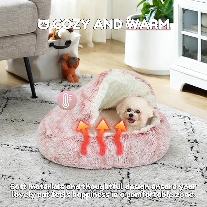 Anti-Anxiety Cat Bed, Plush Hooded Cave, 20 in Diameter, Suitable for Small to Medium Pets, Pink