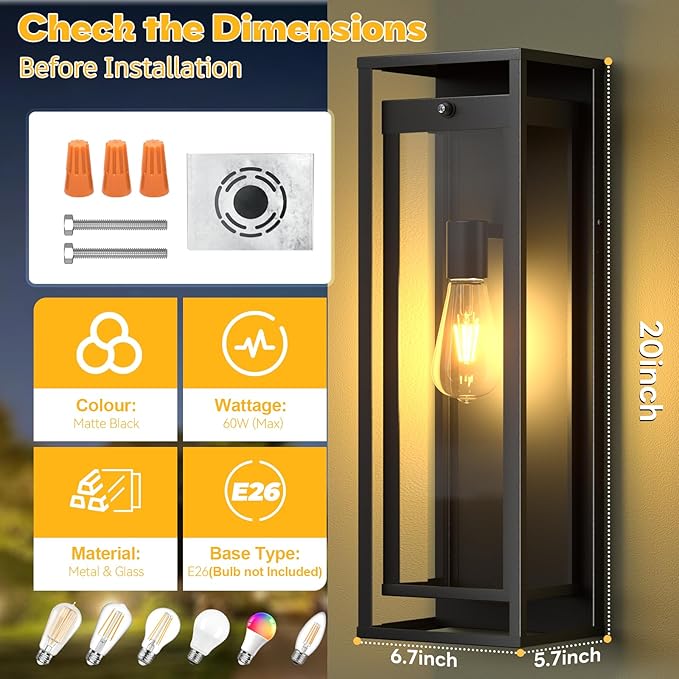 20in Outdoor Wall Light Dusk to Dawn-Black Modern Sconce Waterproof Exterior Lighting Fixture E26 Socket Porch Lights Extra Large Lantern for Entryway Patio House Garage (2Pack)